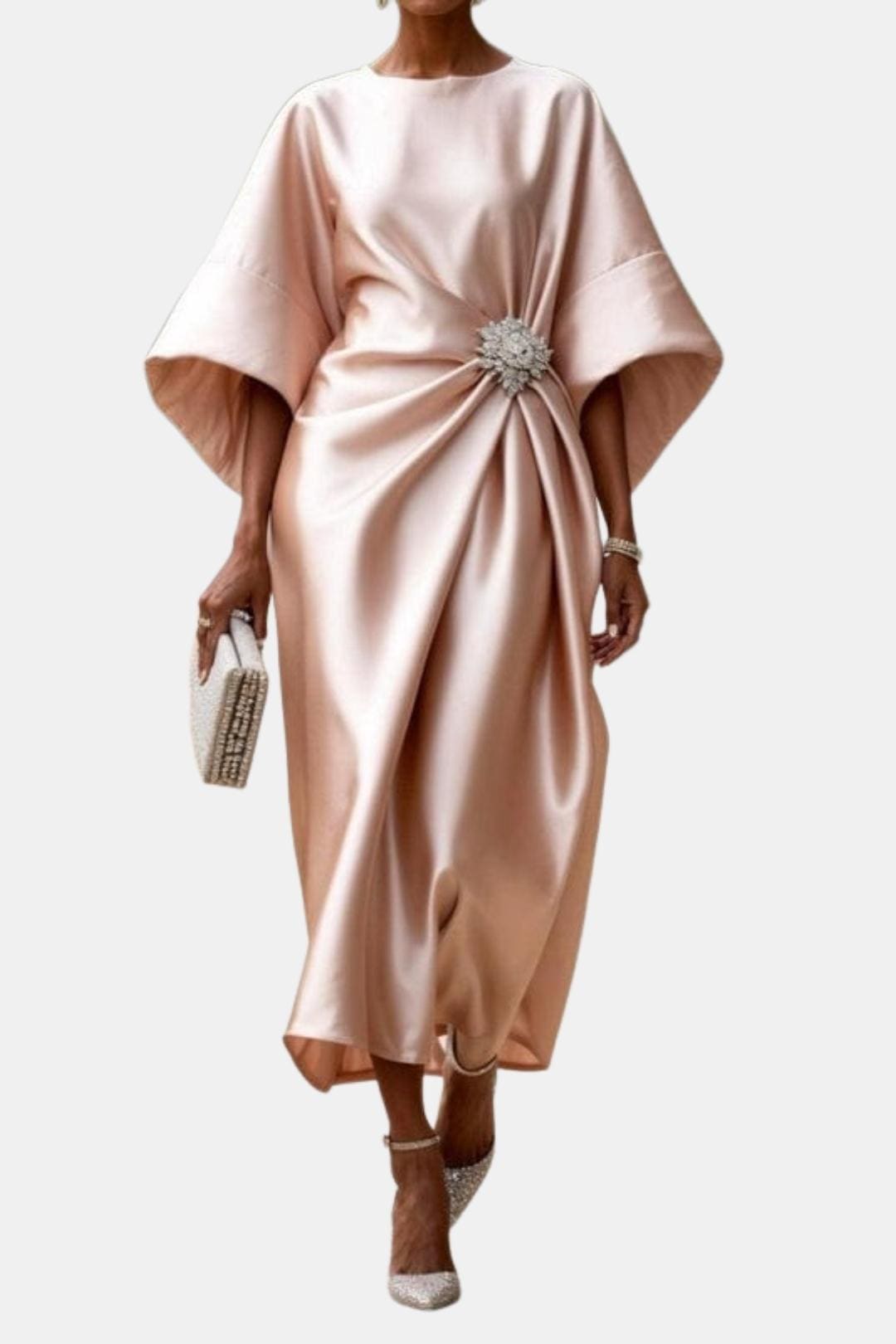 Elegant Satin Evening Dress for Women with Wide Sleeve Formal Wedding Guest Style