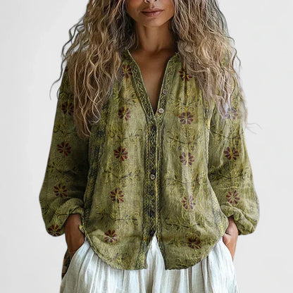 Effortless Dragonfly Print Blouse for Women with V-Neck Button Front Long Sleeve Relaxed Casual Style