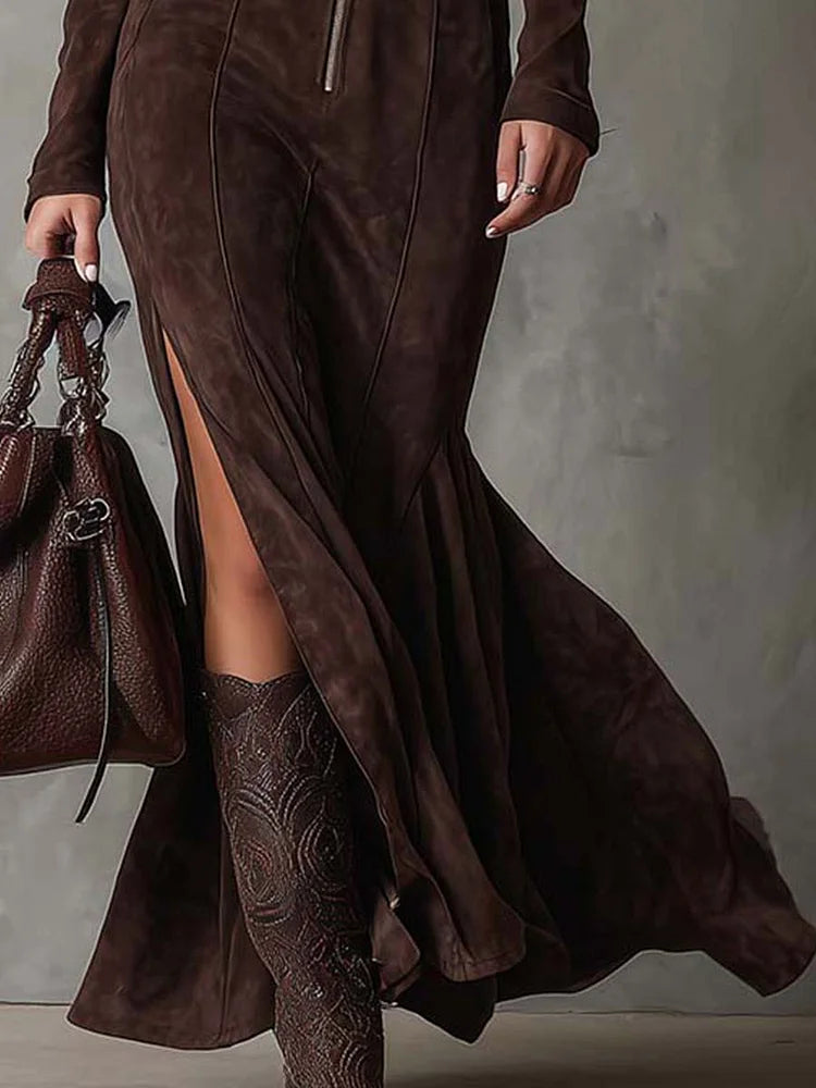 Elegant Brown Faux Suede Maxi Dress for Women with Zip Front Long Sleeve Belted Bodycon Style
