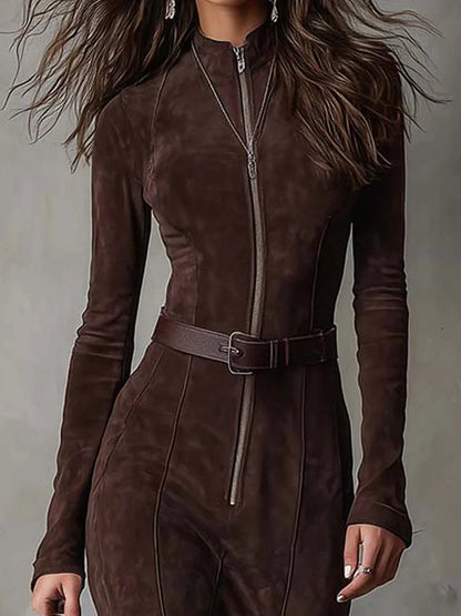 Elegant Brown Faux Suede Maxi Dress for Women with Zip Front Long Sleeve Belted Bodycon Style