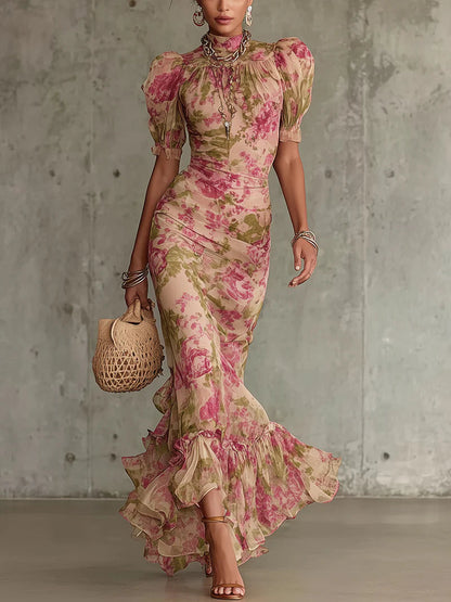 Elegant Pink Floral Maxi Dresses for Women with High Neck Puff Sleeve Ruched Long Dress Style