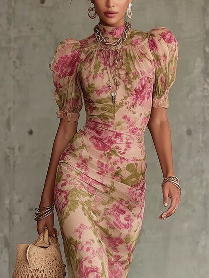 Elegant Pink Floral Maxi Dresses for Women with High Neck Puff Sleeve Ruched Long Dress Style