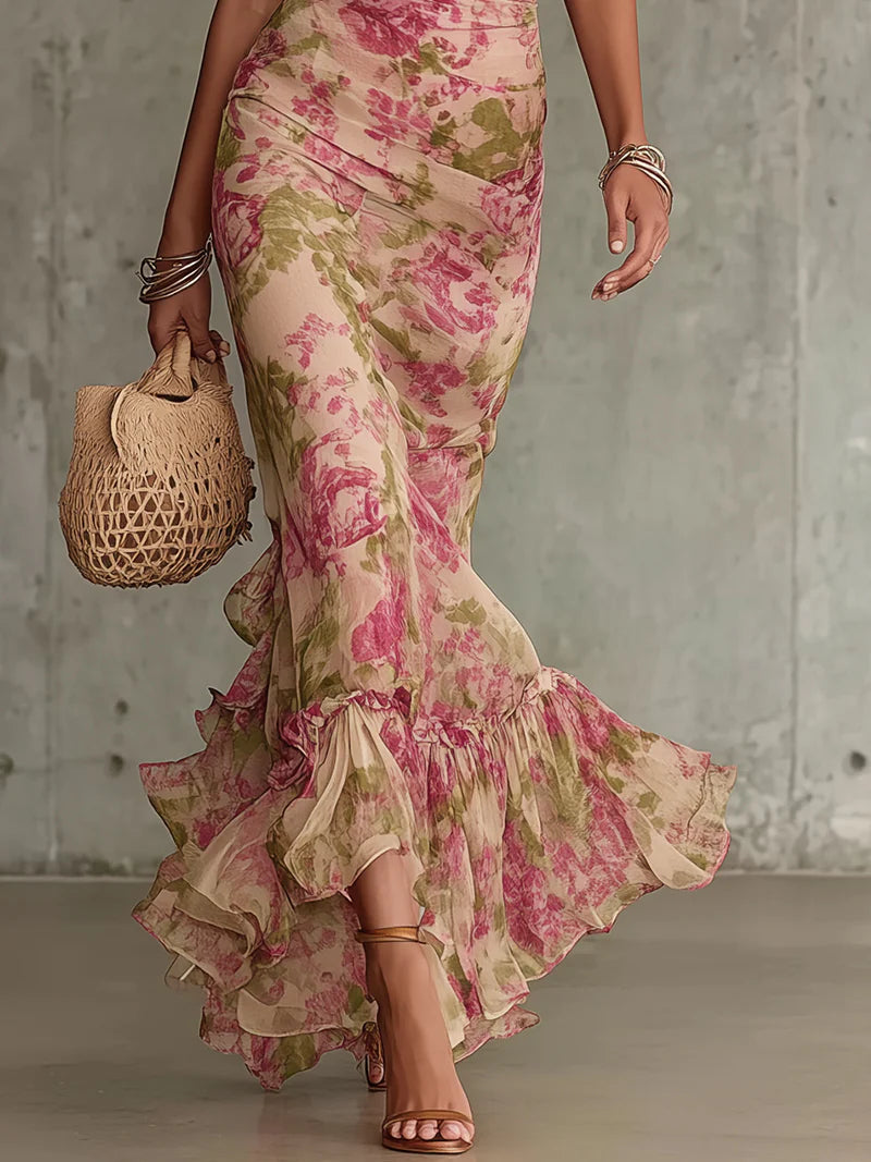 Elegant Pink Floral Maxi Dresses for Women with High Neck Puff Sleeve Ruched Long Dress Style