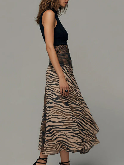 Stylish Casual Dresses for Women with Mock Neck Sleeveless Ribbed Top Zebra Print Patchwork Midi Style