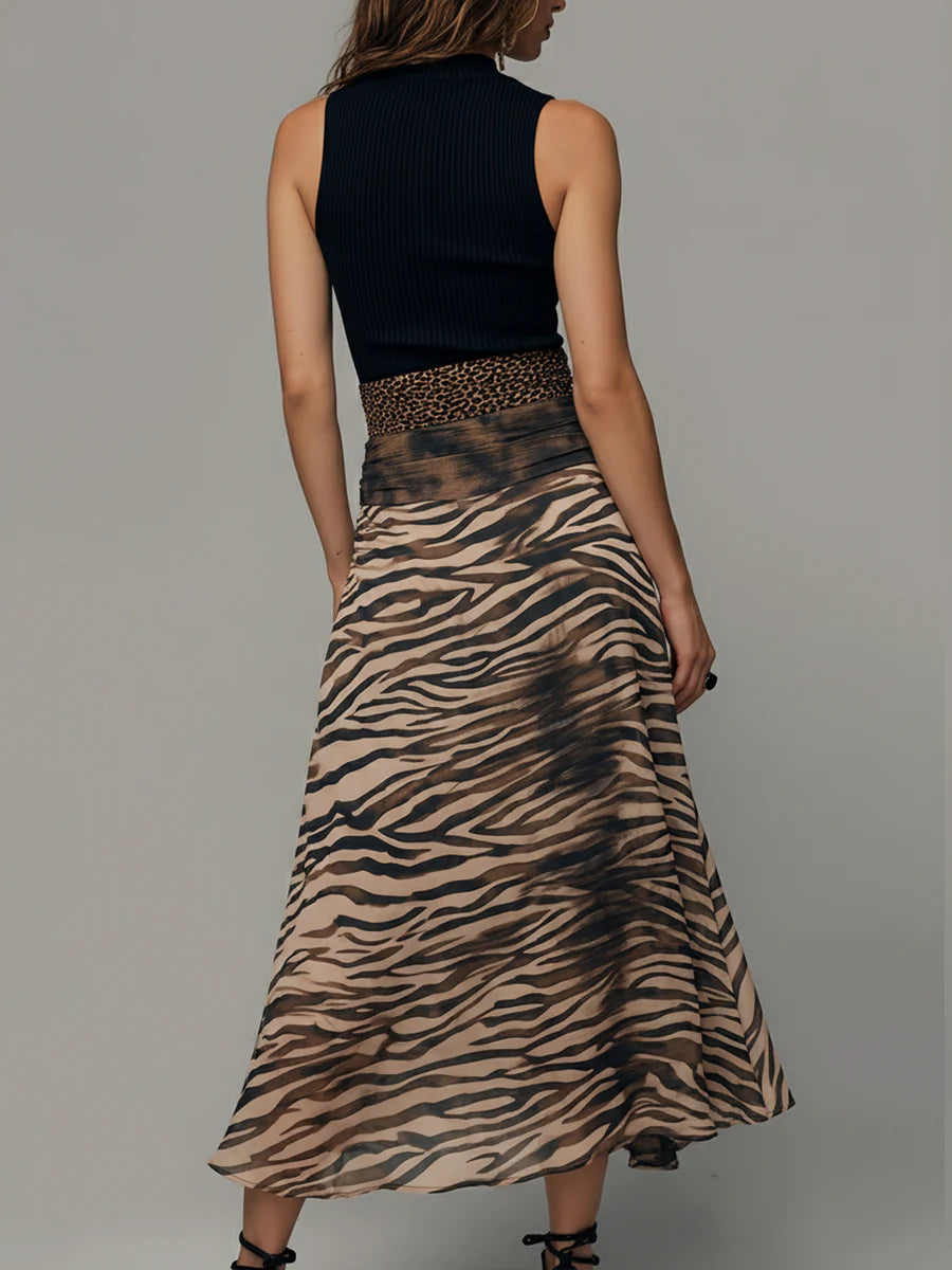 Stylish Casual Dresses for Women with Mock Neck Sleeveless Ribbed Top Zebra Print Patchwork Midi Style