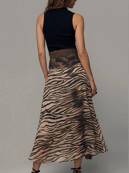 Stylish Casual Dresses for Women with Mock Neck Sleeveless Ribbed Top Zebra Print Patchwork Midi Style