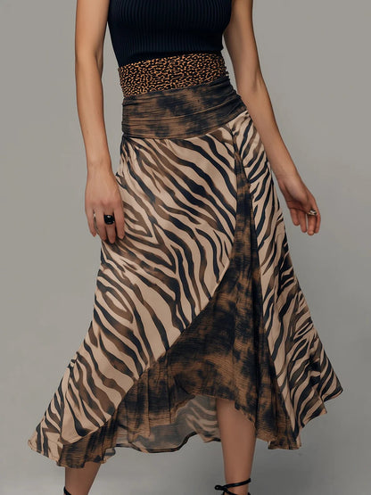 Stylish Casual Dresses for Women with Mock Neck Sleeveless Ribbed Top Zebra Print Patchwork Midi Style