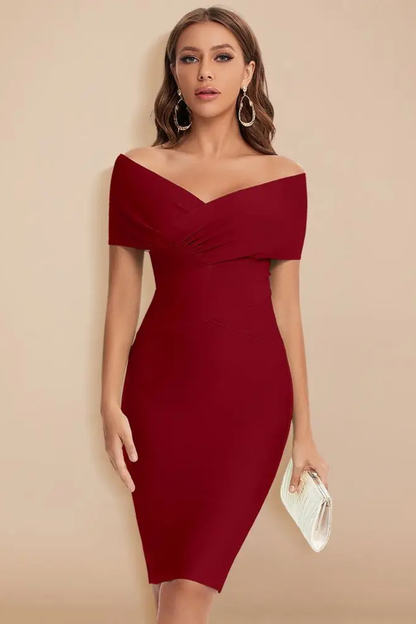 Elegant Formal Wedding Guest Dress for Women with Off Shoulder V-Neck Ruched Bodycon Midi Style