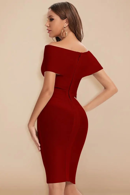 Elegant Formal Wedding Guest Dress for Women with Off Shoulder V-Neck Ruched Bodycon Midi Style