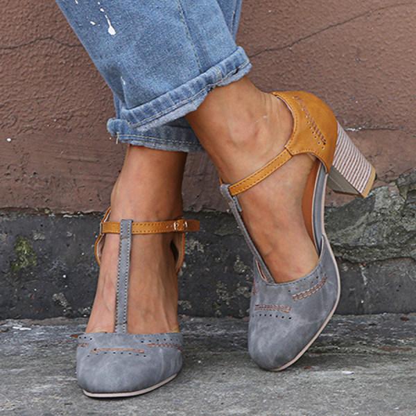 Comfortable Sandals for Women with T-Strap Ankle Buckle Two Tone Block Heel Orthopedic Leather Style