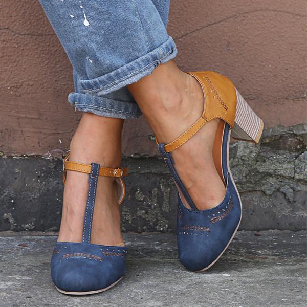 Comfortable Sandals for Women with T-Strap Ankle Buckle Two Tone Block Heel Orthopedic Leather Style