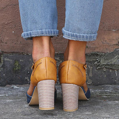 Comfortable Sandals for Women with T-Strap Ankle Buckle Two Tone Block Heel Orthopedic Leather Style