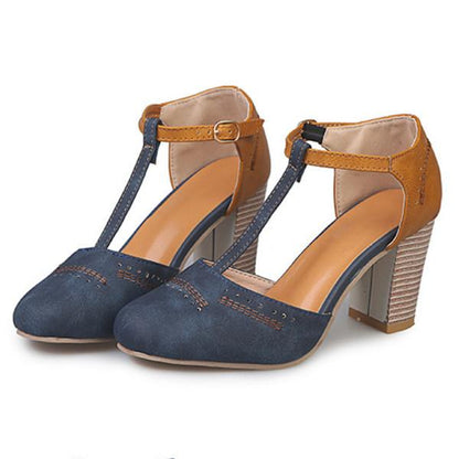 Comfortable Sandals for Women with T-Strap Ankle Buckle Two Tone Block Heel Orthopedic Leather Style