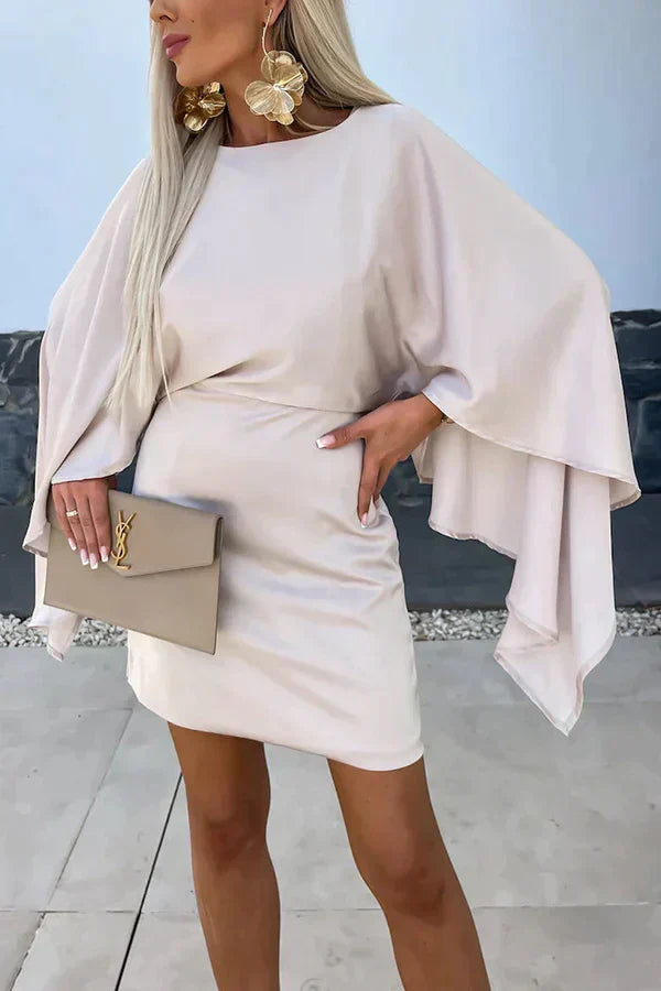 Elegant Cocktail Dress for Women with Crew Neck Batwing Sleeve Satin Bodycon Mini Party Style