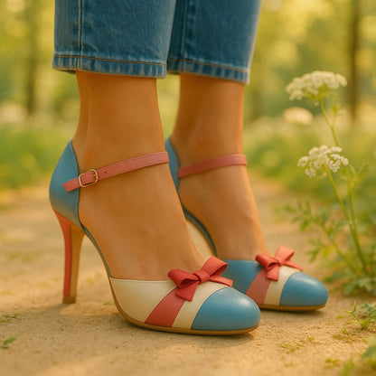 Comfortable Heeled Sandals for Women with Ankle Strap Bow Style