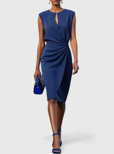 Elegant Sleeveless Midi Dress for Women with Keyhole Neck Ruched Waist Formal Style