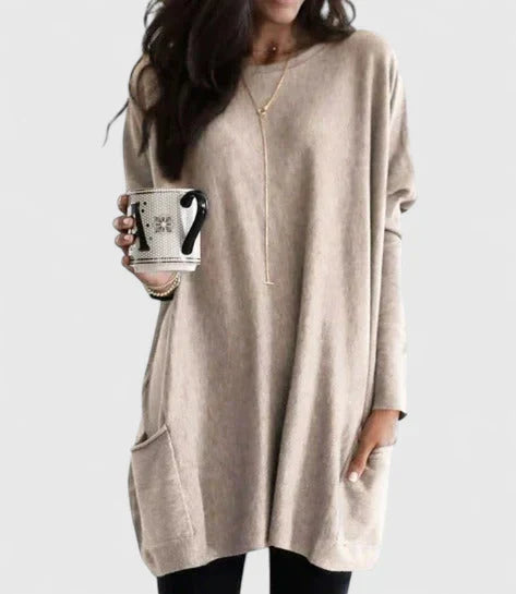 Comfortable Tunic for Women with Crew Neck Long Sleeve Oversized Pocket Casual Style