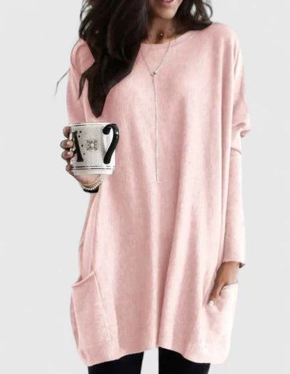 Comfortable Tunic for Women with Crew Neck Long Sleeve Oversized Pocket Casual Style
