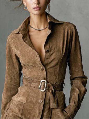 Elegant Faux Suede Shirt Dress for Women with Lapel Button Front Long Sleeve Belted Midi Style