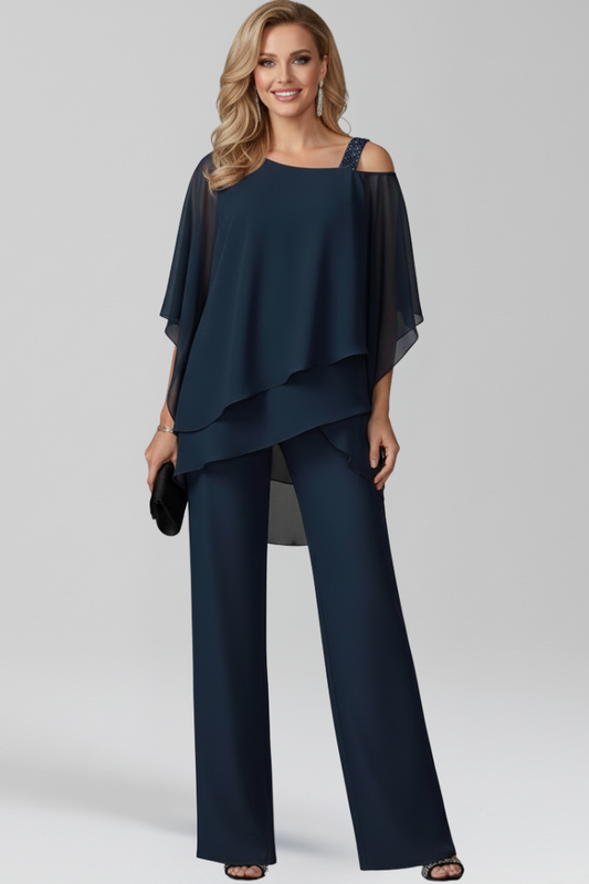 Elegant Cold Shoulder Jumpsuit for Women with Chiffon Overlay Wide Leg Formal Style