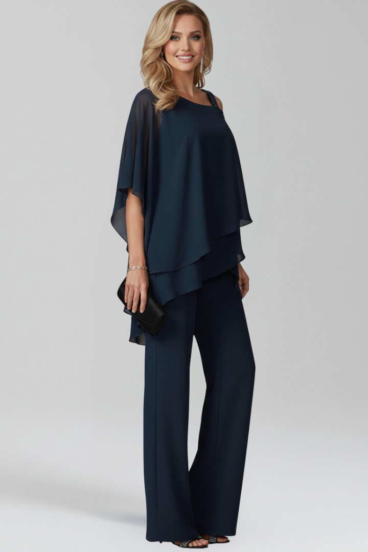 Elegant Cold Shoulder Jumpsuit for Women with Chiffon Overlay Wide Leg Formal Style