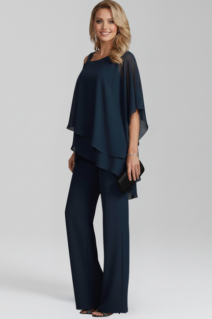 Elegant Cold Shoulder Jumpsuit for Women with Chiffon Overlay Wide Leg Formal Style