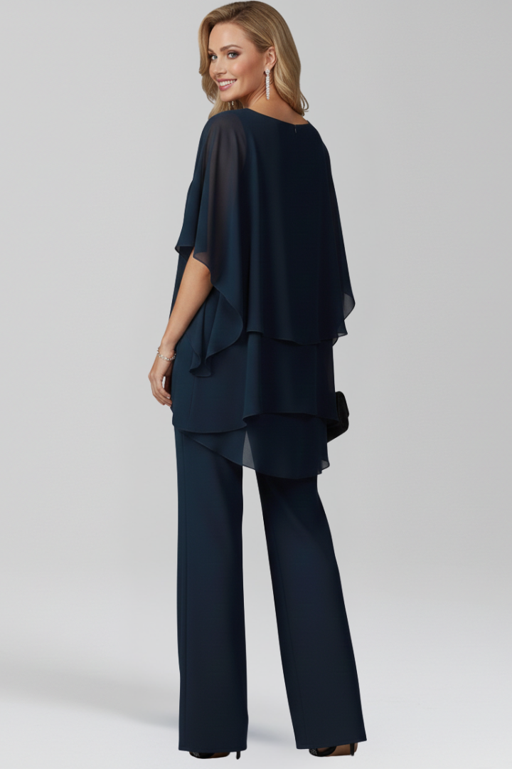 Elegant Cold Shoulder Jumpsuit for Women with Chiffon Overlay Wide Leg Formal Style