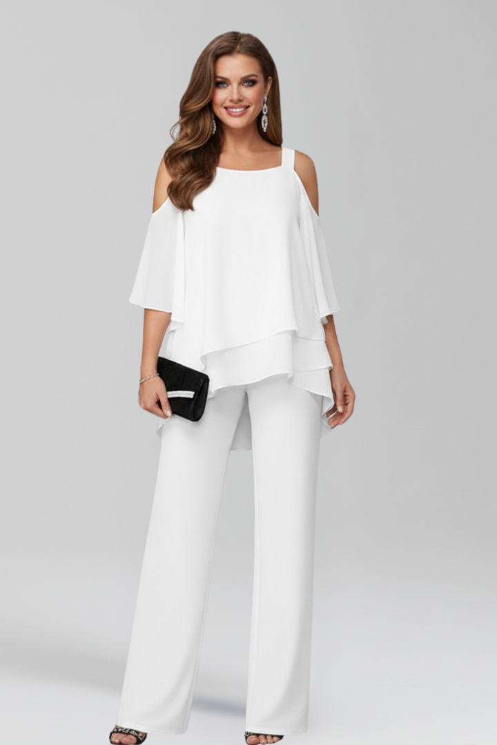 Elegant Cold Shoulder Jumpsuit for Women with Chiffon Overlay Wide Leg Formal Style