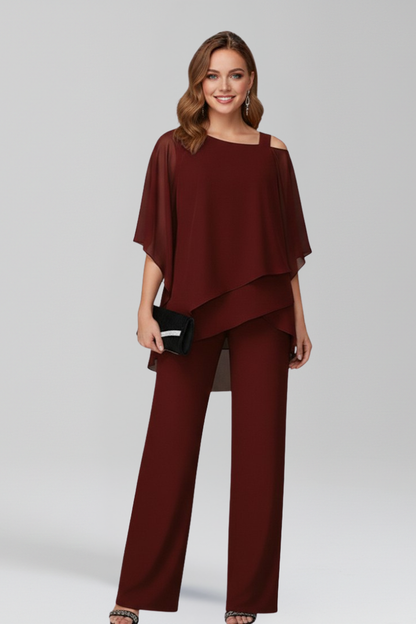 Elegant Cold Shoulder Jumpsuit for Women with Chiffon Overlay Wide Leg Formal Style