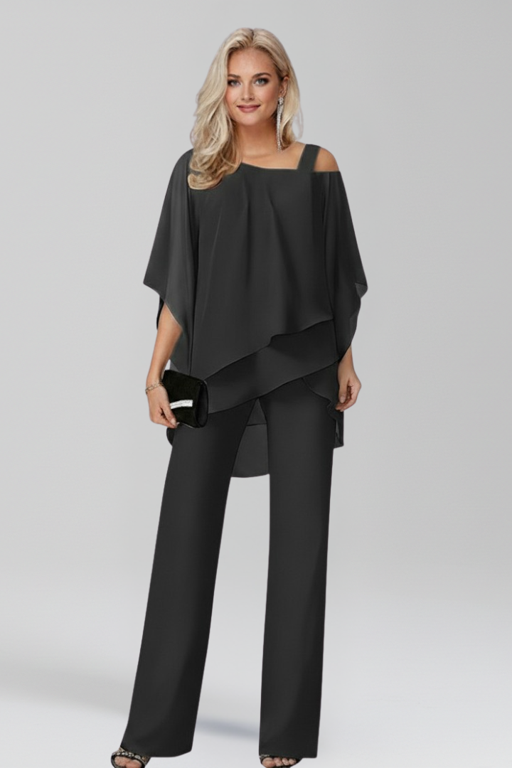 Elegant Cold Shoulder Jumpsuit for Women with Chiffon Overlay Wide Leg Formal Style