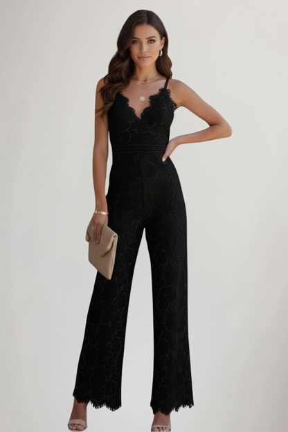 Elegant Lace Jumpsuit for Women with Sleeveless V-Neck Wide Leg Bridal Style