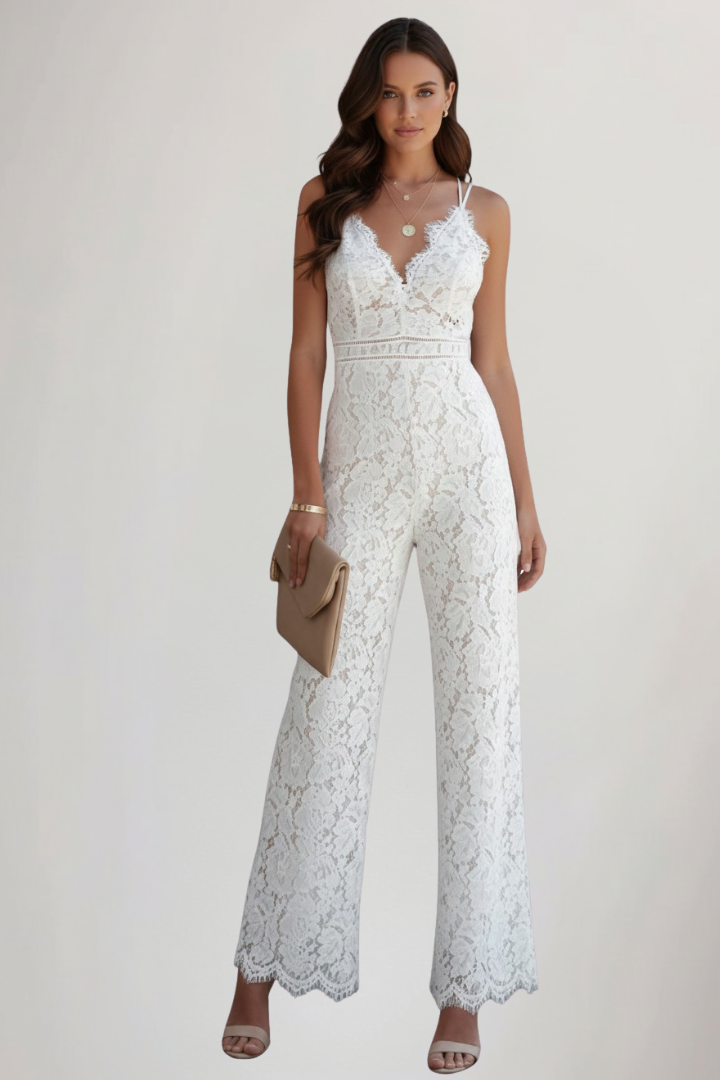 Elegant Lace Jumpsuit for Women with Sleeveless V-Neck Wide Leg Bridal Style