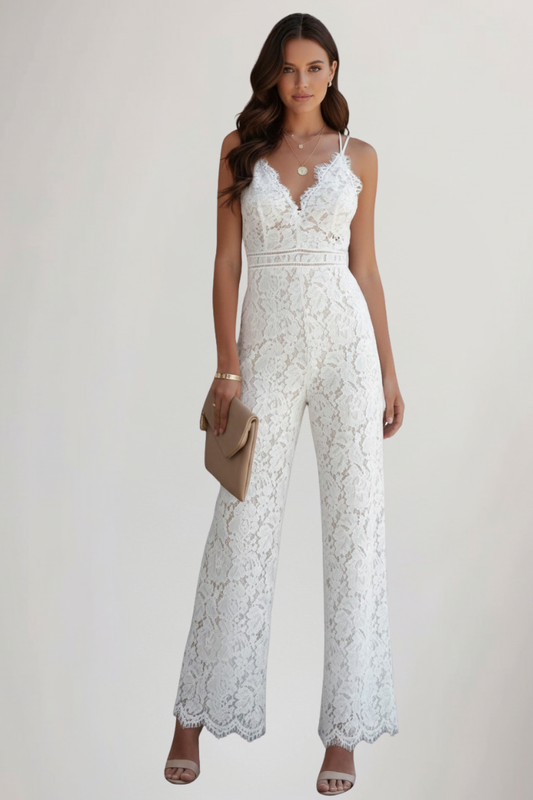 Elegant Lace Jumpsuit for Women with Sleeveless V-Neck Wide Leg Bridal Style