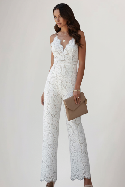 Elegant Lace Jumpsuit for Women with Sleeveless V-Neck Wide Leg Bridal Style