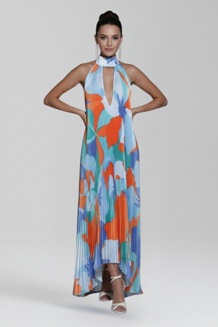 Effortless Floral Print Maxi Dresses for Women with Halter Neck Sleeveless Pleated Skirt Summer Style