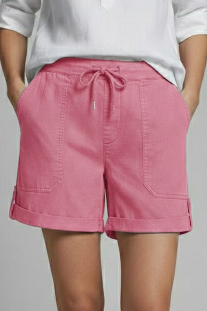 Comfortable Drawstring Shorts for Women with High Waist Cuffed Hem Deep Pocket Casual Style