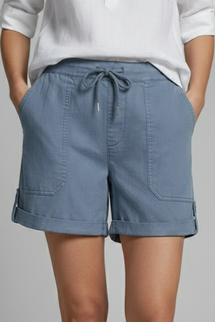 Comfortable Drawstring Shorts for Women with High Waist Cuffed Hem Deep Pocket Casual Style