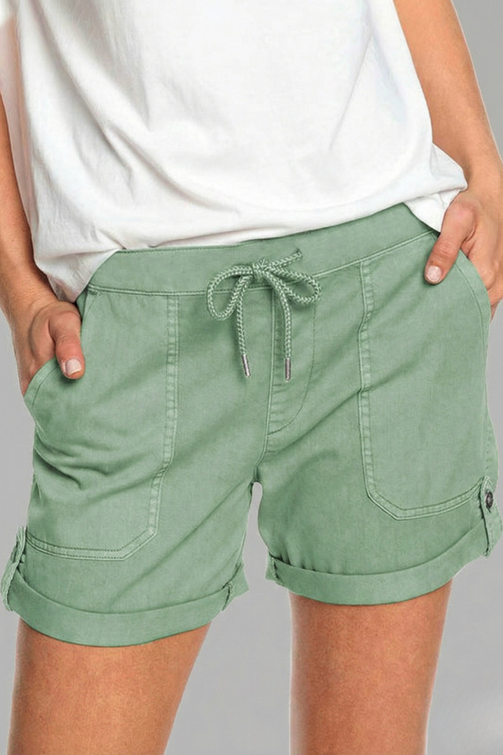 Comfortable Drawstring Shorts for Women with High Waist Cuffed Hem Deep Pocket Casual Style