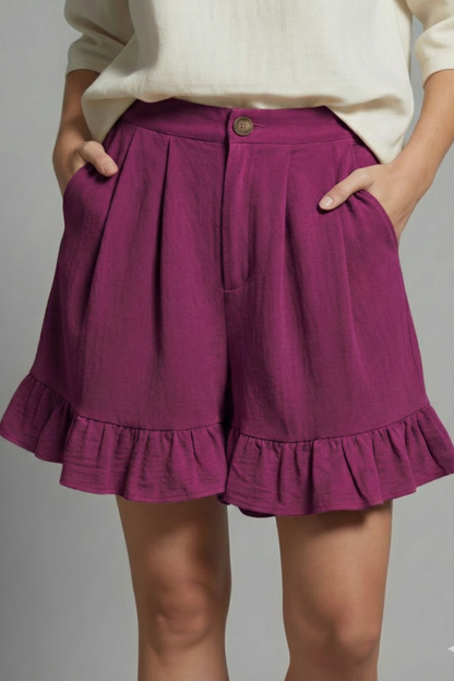 Elegant Ruffle Hem Shorts for Women with High Waist Button Front Pocket Casual Style