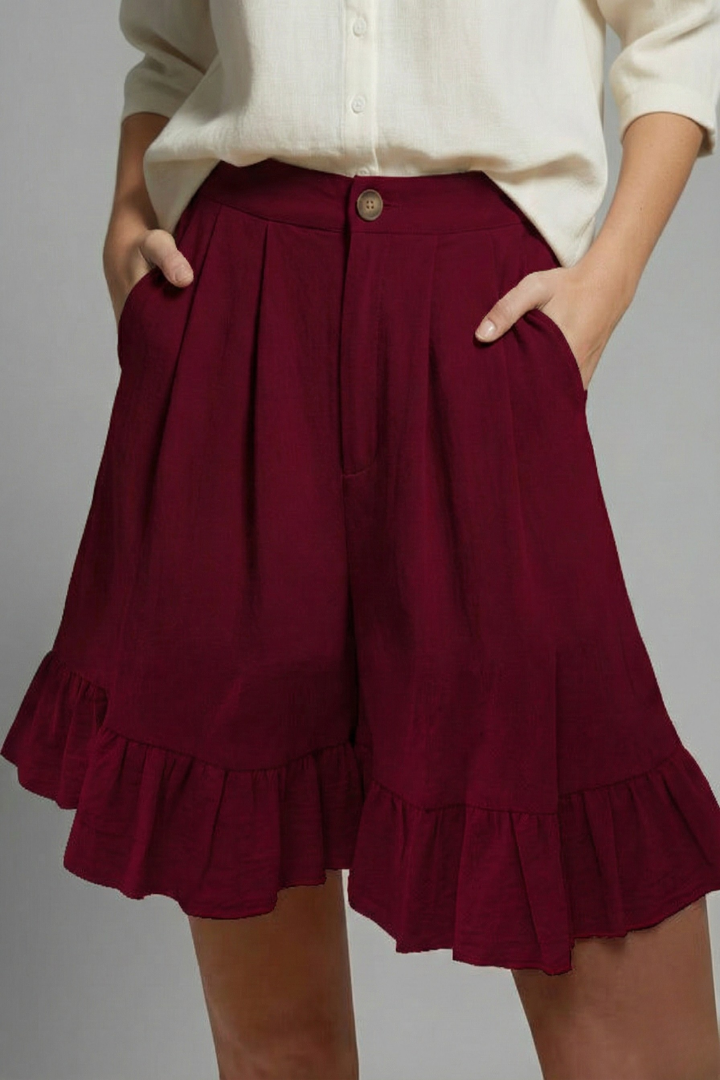 Elegant Ruffle Hem Shorts for Women with High Waist Button Front Pocket Casual Style