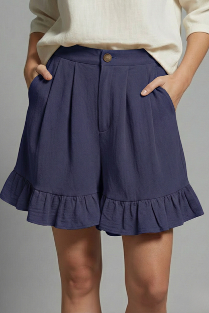 Elegant Ruffle Hem Shorts for Women with High Waist Button Front Pocket Casual Style