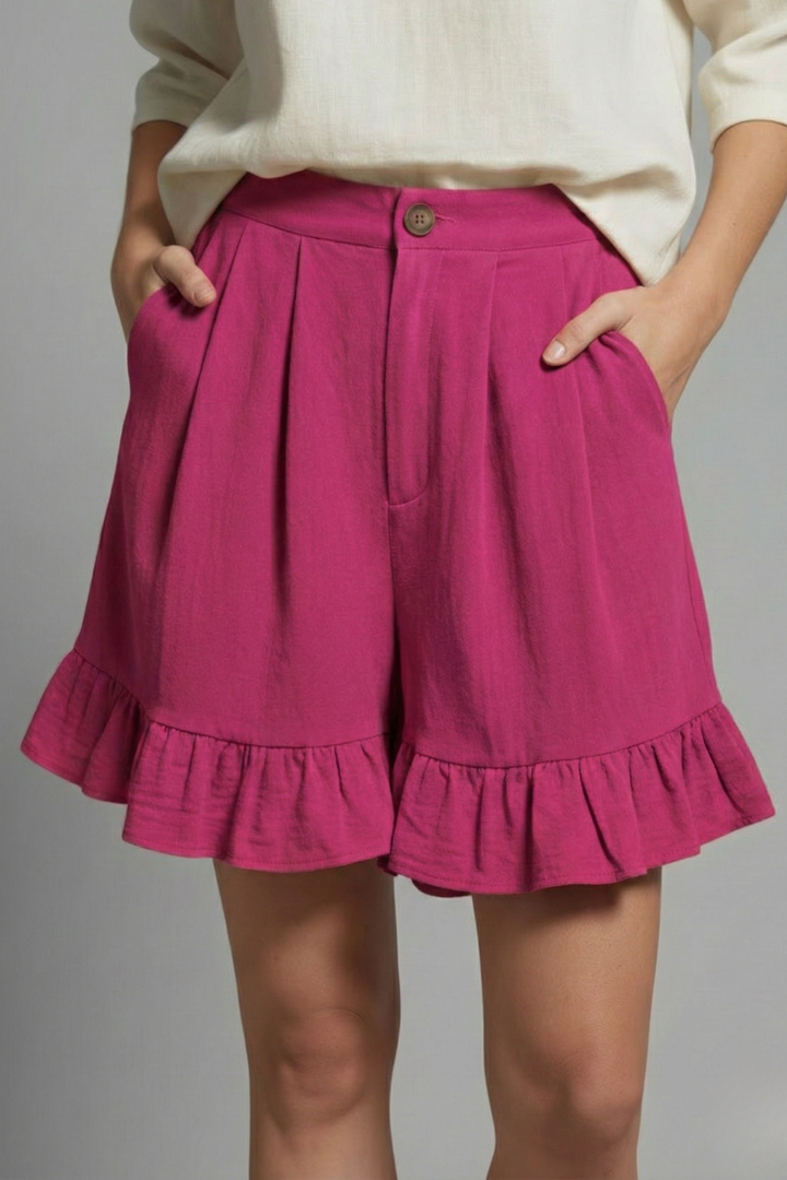 Elegant Ruffle Hem Shorts for Women with High Waist Button Front Pocket Casual Style