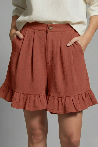Elegant Ruffle Hem Shorts for Women with High Waist Button Front Pocket Casual Style