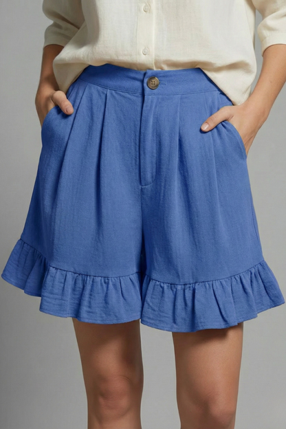 Elegant Ruffle Hem Shorts for Women with High Waist Button Front Pocket Casual Style
