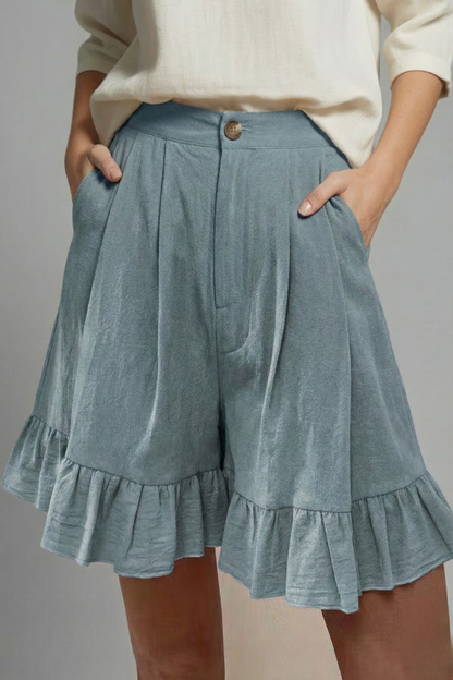 Elegant Ruffle Hem Shorts for Women with High Waist Button Front Pocket Casual Style
