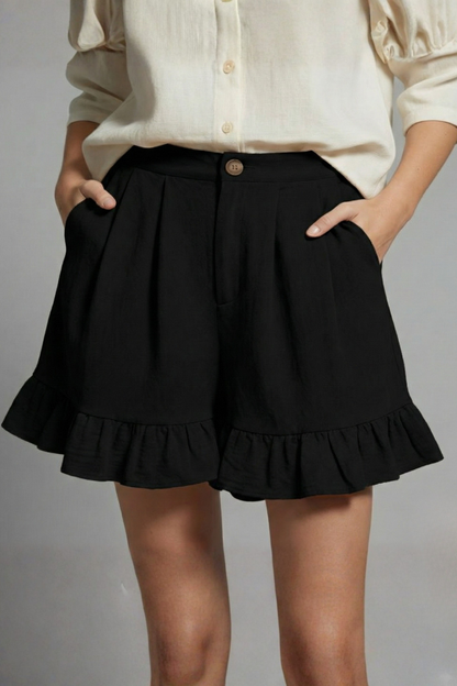 Elegant Ruffle Hem Shorts for Women with High Waist Button Front Pocket Casual Style