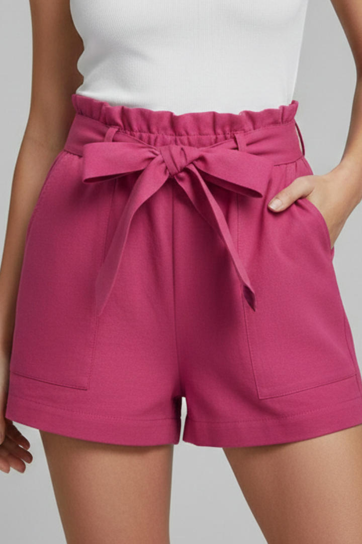 Elegant Ruffle High Waist Shorts for Women with Tie Waist Bow Pocket Casual Style