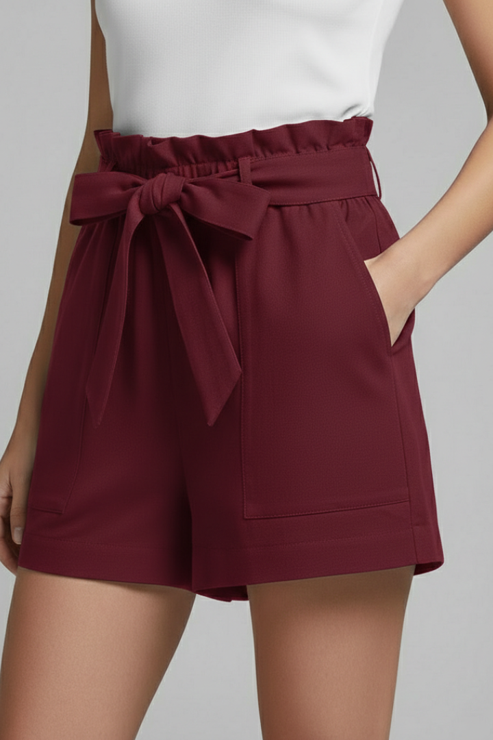 Elegant Ruffle High Waist Shorts for Women with Tie Waist Bow Pocket Casual Style