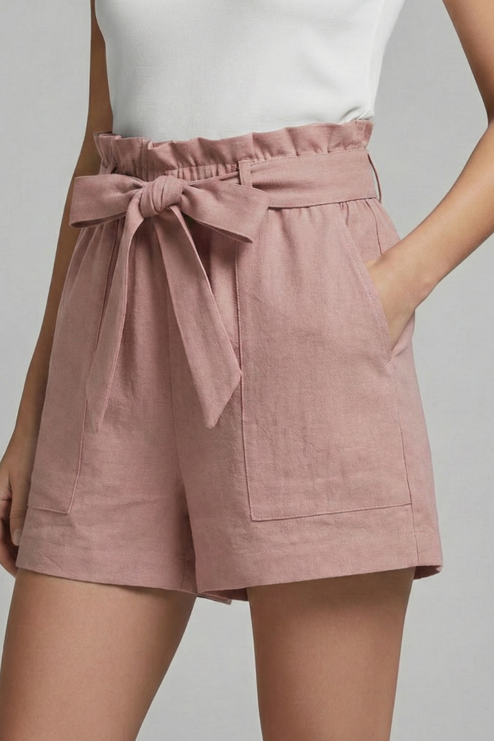 Elegant Ruffle High Waist Shorts for Women with Tie Waist Bow Pocket Casual Style