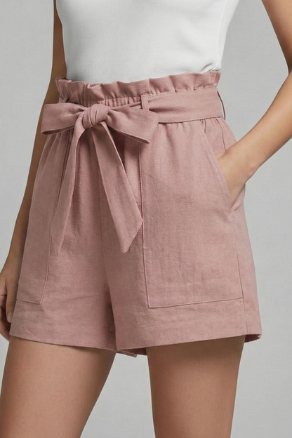 Elegant Ruffle High Waist Shorts for Women with Tie Waist Bow Pocket Casual Style